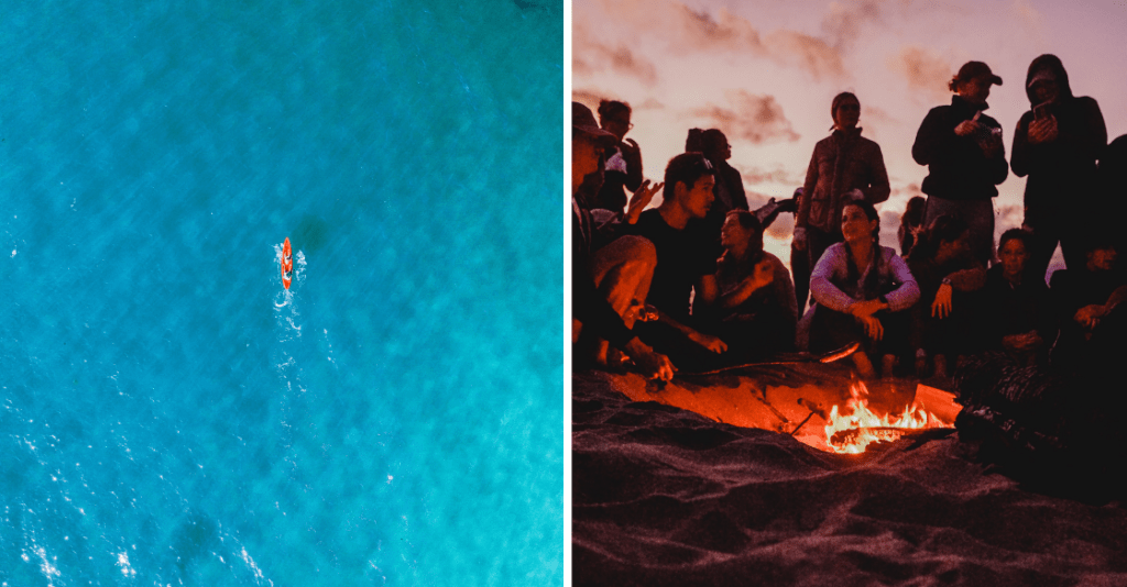 people kayaking in San Diego, and a group of friends having a beach bonfire