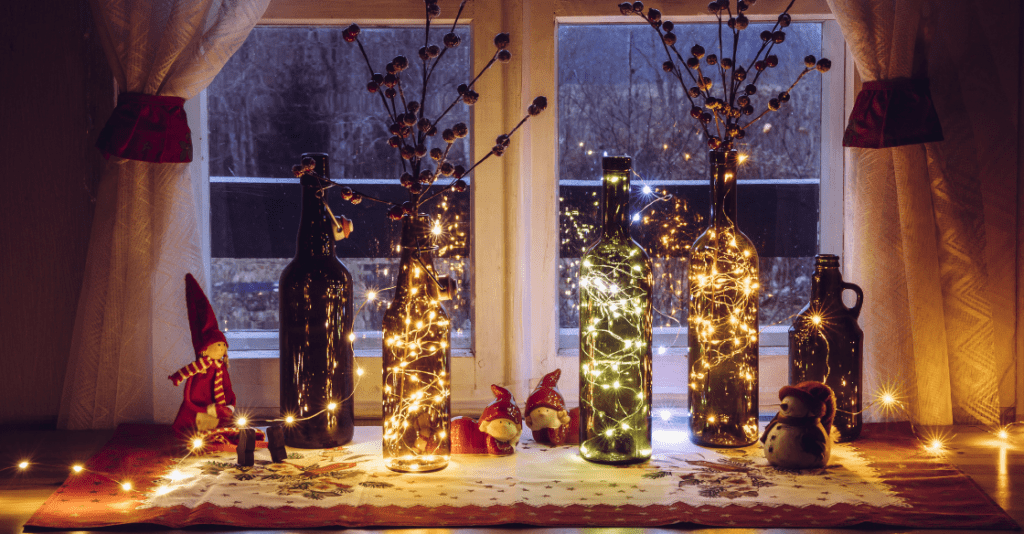 Christmas lights in wine bottles home decor display