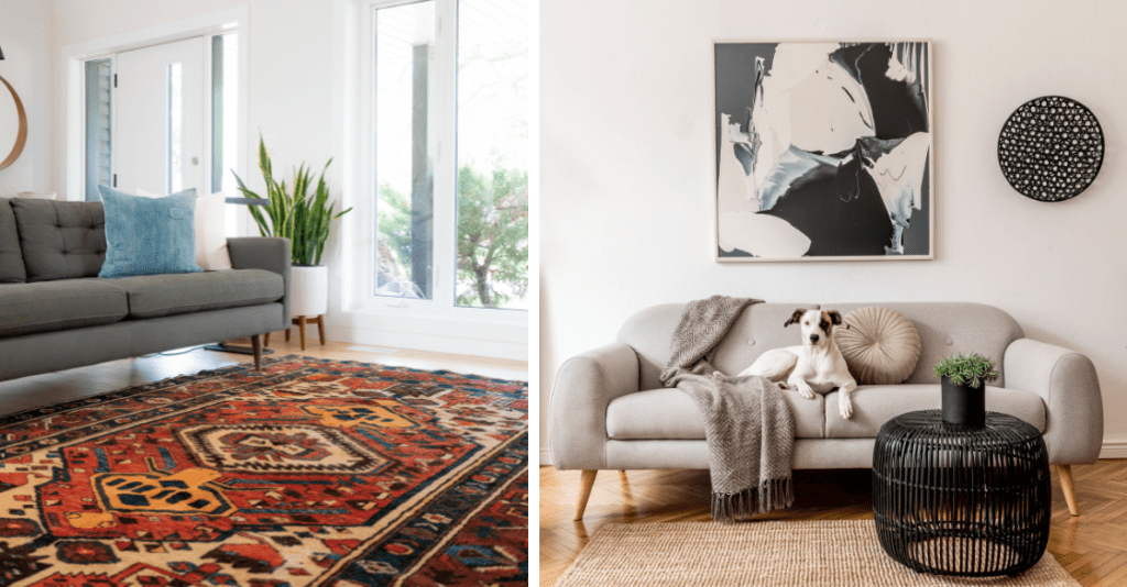 Colorful rug and statement art in a studio apartment